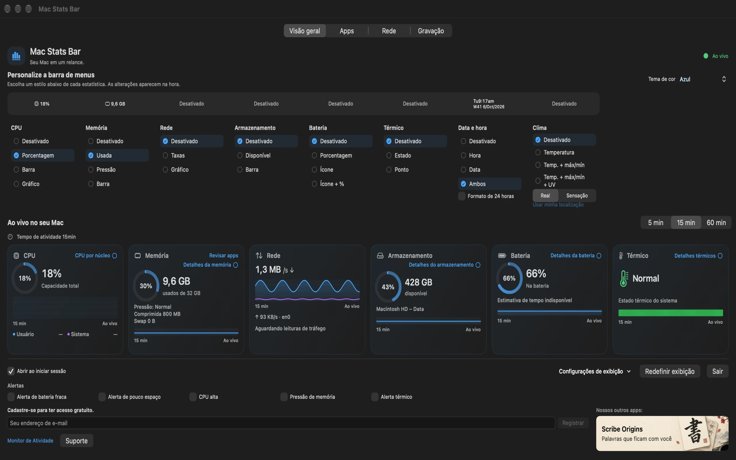 GlimmerStatsBar com leituras de CPU, memória, rede, armazenamento, bateria e condição térmica