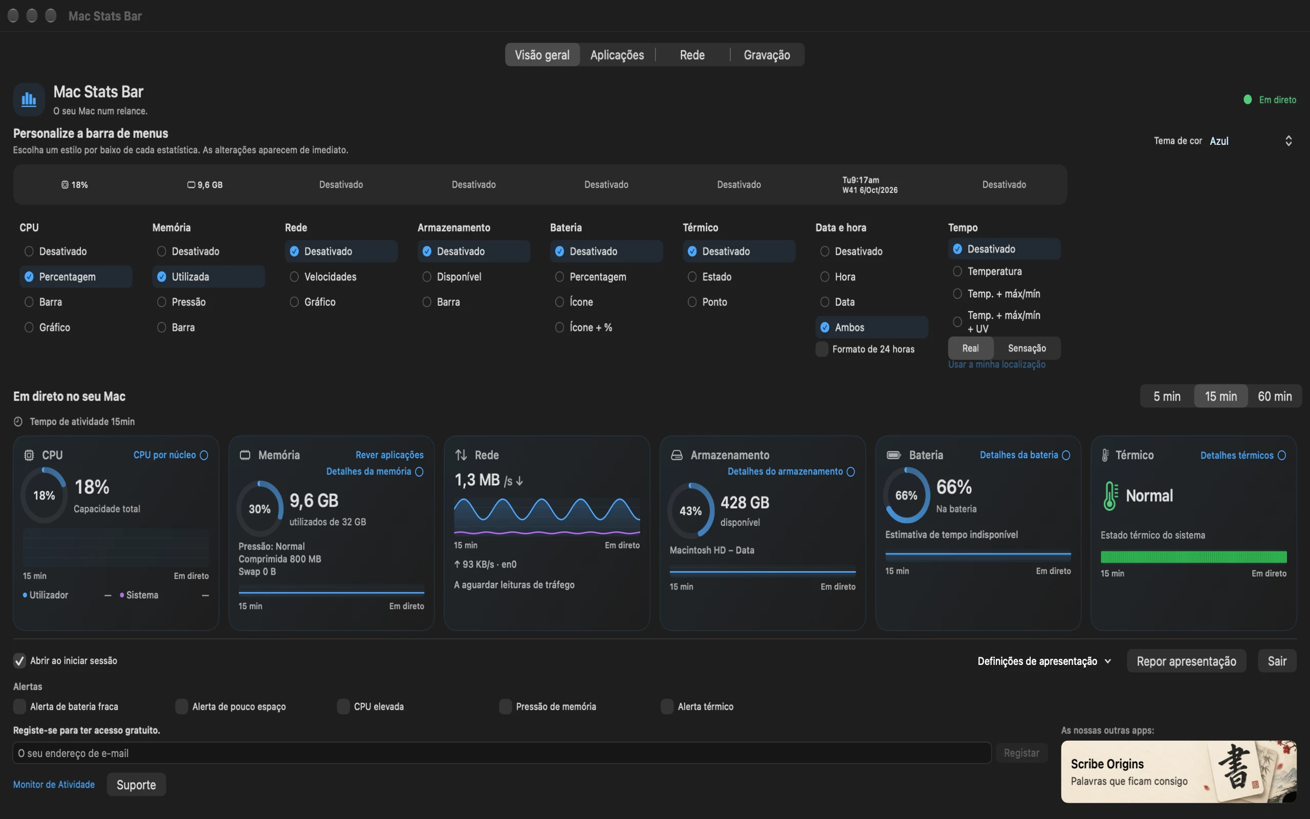 GlimmerStatsBar com leituras de CPU, memória, rede, armazenamento, bateria e estado térmico
